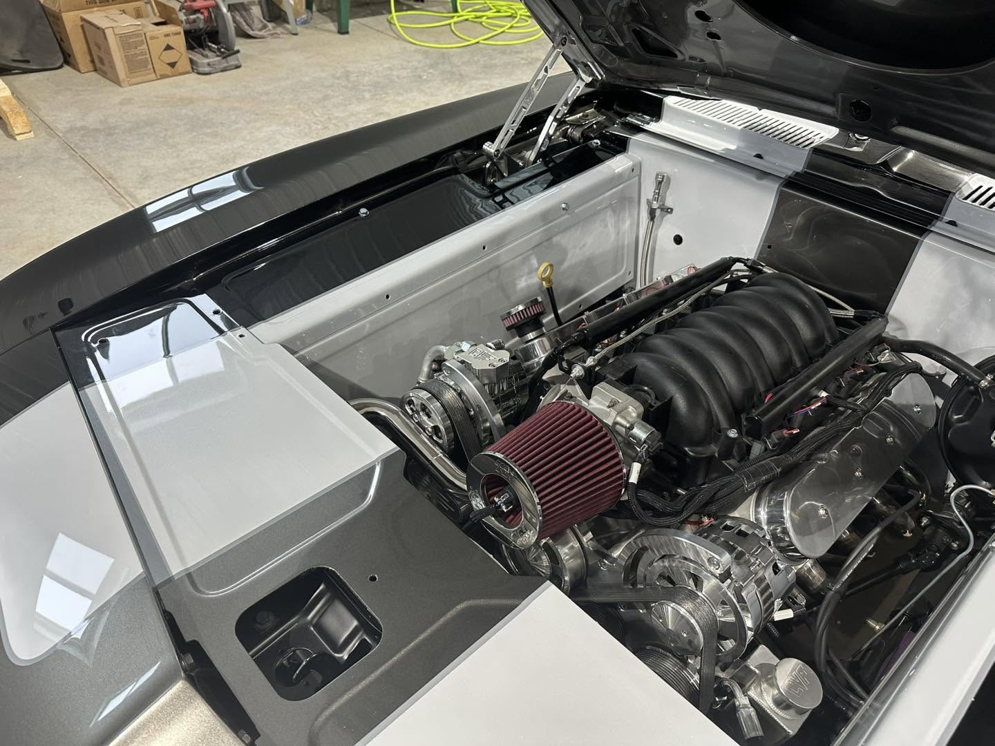 Detailed engine bay of the Grizzly Gray Camaro with body-color inner panels